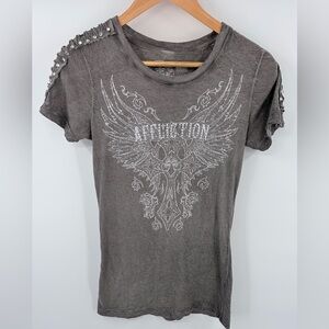 Affliction rhinestone metallic winged cross gray graphic tee women’s size S Y2K